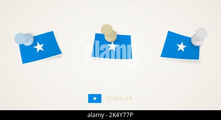 Pinned flag of Somalia in different shapes with twisted corners. Vector pushpins top view. Flag set. Stock Vector