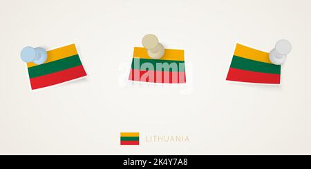 Pinned flag of Lithuania in different shapes with twisted corners. Vector pushpins top view. Flag set. Stock Vector