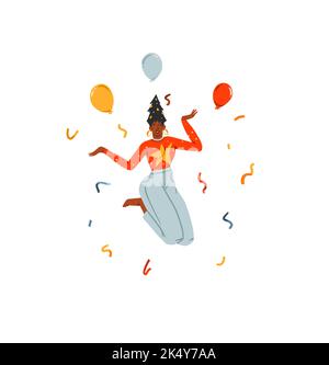 Hand drawn vector abstract graphic Merry Christmas and Happy new year illustration of female with xmas tree.Celebrating people cards set.Merry Stock Vector