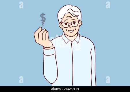 Elderly man showing dollar sign saving money for future. Smiling mature grandfather make money investments gain from rates. Banking and finances. Vector illustration.  Stock Vector