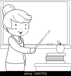 Senior teacher in the school classroom. Vector black and white coloring page Stock Vector