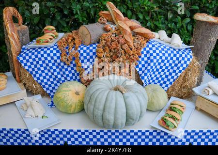 Pumpkin close-up shot at the harvest autumn. Halloween, oktoberfest and Thanksgiving Day celebrations, food concept. Stock Photo
