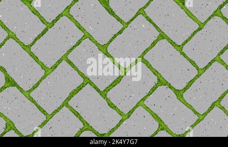 Seamless pattern of old pavement with moss and herringbone textured bricks Stock Vector