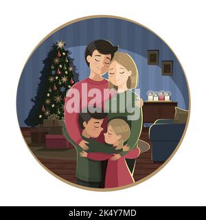 Merry Christmas! Happy family at home hugging each other on Christmas eve near the tree and presents. Night scene. Vector illustration Stock Vector