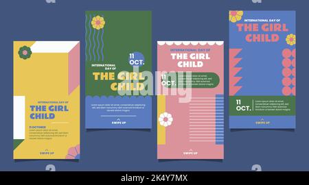 hand drawn flat international day girl child banners collection vector design illustration Stock Vector