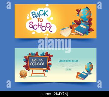 cartoon back school horizontal banners set vector design illustration Stock Vector