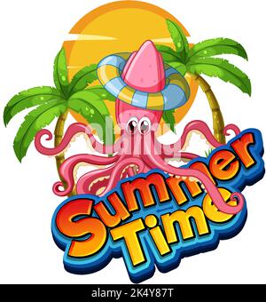 Octopus cartoon character with summer time word illustration Stock Vector