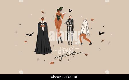 Hand drawn abstract vector graphic clipart illustrations,Halloween holiday costume party adult people characters collection set.Creepy Halloween Stock Vector