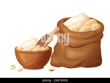 Soy flour in wooden bowl with seeds. Healthy gluten free food. Powde in organic product. Vector illustration isolated on white background. Stock Vector