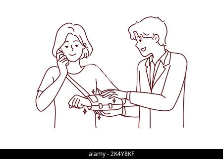 Male doctor help patient put bandage on hand after trauma or injury. Therapist or surgeon cure woman with broken shoulder in hospital. Vector illustration.  Stock Vector