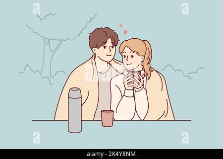 Happy couple sitting in park hugging drinking warm coffee enjoy romantic date together. Smiling loving man and woman embrace cuddling outdoors. Vector illustration.  Stock Vector