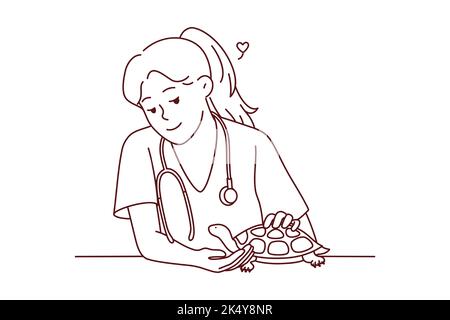 Smiling female veterinarian take care of turtle in hospital. Happy woman vet doctor cure small domestic pet in clinic. Vector illustration.  Stock Vector