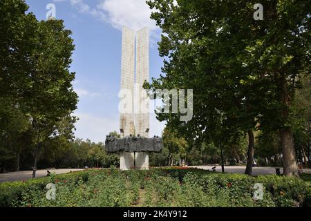 Bishkek, Kyrgyzstan - Sept 11, 2022: Monument Fraternity of People commemorating the entry of Kyrgyzstan into the Russian Empire (erected 1974). Centr Stock Photo