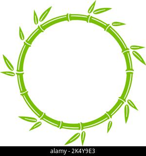 Green bamboo trunk circle frame. Natural round text box. Bamboo branch border with leaves. Blank frame template. Vector illustration isolated in flat Stock Vector