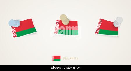 Pinned flag of Belarus in different shapes with twisted corners. Vector pushpins top view. Flag set. Stock Vector