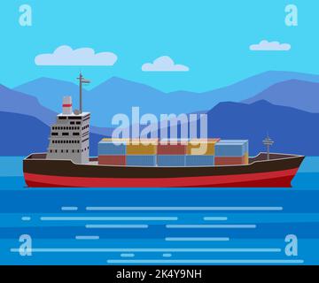 Shipwreck of cargo ship in ocean, vessel going under water and goods containers. Marine transport crash, vector Stock Vector