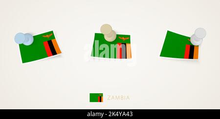 Pinned flag of Zambia in different shapes with twisted corners. Vector pushpins top view. Flag set. Stock Vector