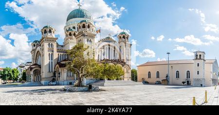 Agios Andreas the landmark church and the metropolis of Patras on a beautiful day with perfect sky color and few clouds, Achaia, Peloponnese, Greece Stock Photo