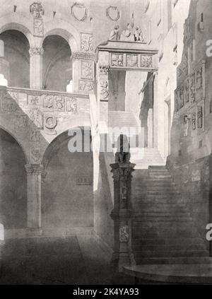 Architectural sketch of the interior of the Palazzo Bargello in Florence, Italy. Freehand washing with ink of decor a house. Vector EPS10 Stock Vector