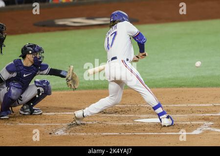 Arlington, United States. 04th Oct, 2022. Texas Rangers third baseman Josh Smith (47) swings on a pitch during the game between the Texas Rangers and the New York Yankees at Globe Life Field in Arlington, Texas on Tuesday, October 4, 2022. Photo by Matt Pearce/UPI Credit: UPI/Alamy Live News Stock Photo