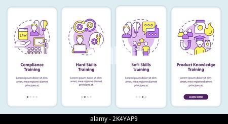 Types of training programs onboarding mobile app screen Stock Vector