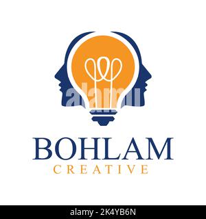 Two men face with light bulb at the center logo identity. Human creativity company logotype icon template concept. design graphic vector illustration Stock Vector