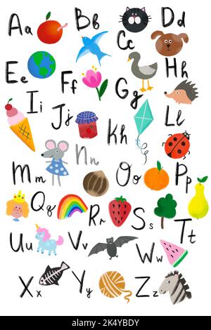English alphabet with cute cartoon animals, flower, candy,digital illustration set. Capital letter for kids, children font. Learn to read. Isolated. Stock Photo
