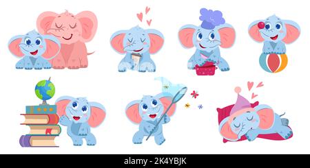 Flat cute circus elephant stand on ball, catch butterflies with net, drink coffee and learn with books and globe. Funny animal character chef making food and sleeping on pillow. Pink mother with baby. Stock Vector