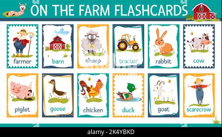 Vector printable flashcards set with cartoon farm animals. Kids collection for learning english words with barn, tractor, farmer and scarecrow. Rural countryside flash cards with piglet, sheep, rabbit Stock Vector