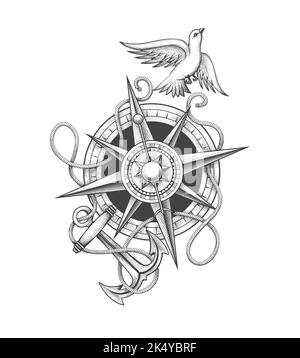 Tattoo of Dove Flying Above Compass and Anchor with Ropes. Freedom concept in Engraving style. Vector illustration isolated on white. Stock Vector