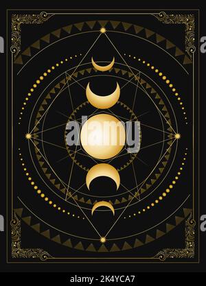 Phases of Moon and Sacred Geometry. Esoteric Medieval emblem isolated on Black Background. Stock Vector