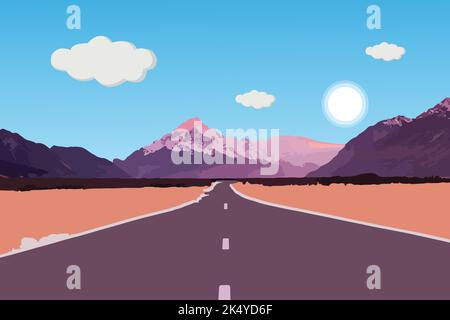 Cartoon mountain landscape with blue sky, sun and Clouds, green field. Mountain Reflect on lake or River 2d cartoon Scene vector. The road goes up the Stock Vector