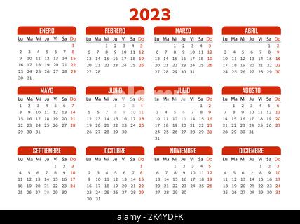 Pocket calendar on 2023 year, Spanish. Red horizontal calendar. Week starts from Monday. Vector template for business. Stock Vector