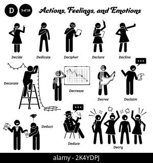 Stick figure human people man action, feelings, and emotions icons alphabet D. Decide, dedicate, decipher, declare, decline, decorate, decrease, decre Stock Vector