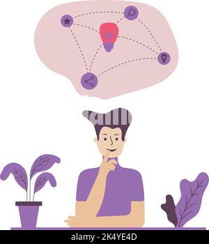 Succeeded beard businessman character thinking. Human thinking is surrounded by question marks. Business concept illustration; Stock Vector