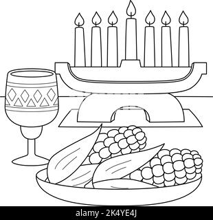 Kwanzaa Corn and Kinara Coloring Page for Kids Stock Vector