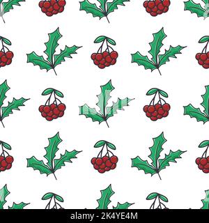 Digital paper rowan berry and holly vector illustration. Seamless botanical winter pattern. Berry leaf background for wallpaper, textile, package Stock Vector