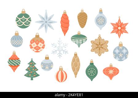 Christmas decorations, collection of different cute balls, snowflakes and stars. Vector illustration in flat cartoon style Stock Vector