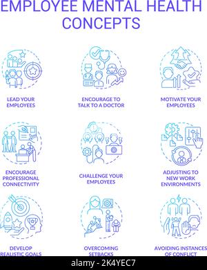 Employee mental health blue gradient concept icons set Stock Vector