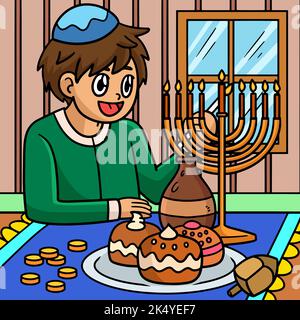 Hanukkah Boy lighting Menorah Colored Cartoon Stock Vector