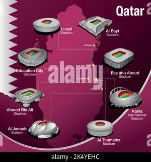 Drawing of the stadiums built in Qatar for the soccer championship on the map of Qatar with the colors of the flag. Vector image Stock Vector