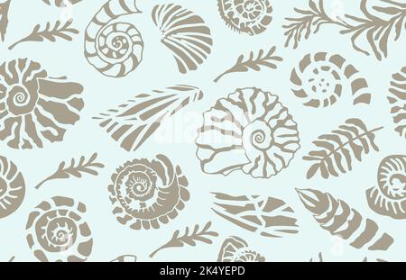 Stencil seashells and plants Seamless pattern Hand drawn art of ocean shell or conch mollusk scallop Sea underwater animal fossil Nautical and Stock Vector