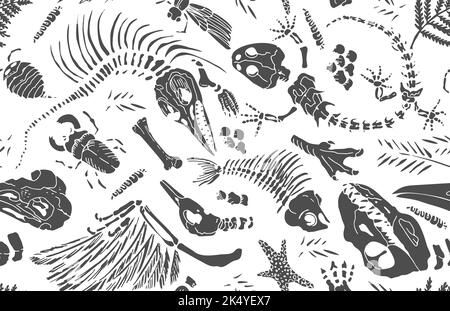 Isolated black stencil imprints skeletons of prehistoric animals, insects and plants on white background. Seamless pattern realistic hand drawn art Stock Vector