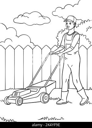 Lawn Mower Coloring Page for Kids Stock Vector