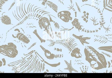 Isolated stencil imprints skeletons of prehistoric animals, insects and plants. Seamless pattern realistic hand drawn art. Vector illustration Stock Vector