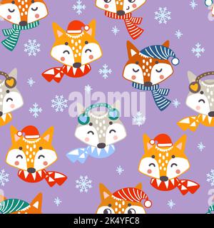 Seamless pattern christmas foxes in scarves and snowflakes on purple background vector illustration. For print and design , greeting cards, wrapping p Stock Vector