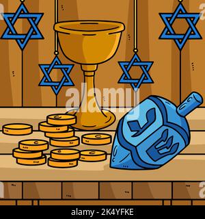 Hanukkah Dreidel, Coins and Chalice Colored  Stock Vector