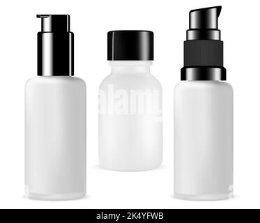 Small pump bottle, cosmetic serum dispenser container. Face foundation essence product flacon. Eye skin care moisturizer vial blank, airless dropper f Stock Vector