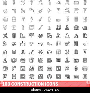 100 construction icons set. Outline illustration of 100 construction icons vector set isolated on white background Stock Vector
