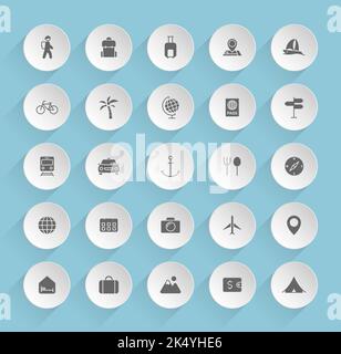 travel vector icons on round puffy paper circles Stock Vector